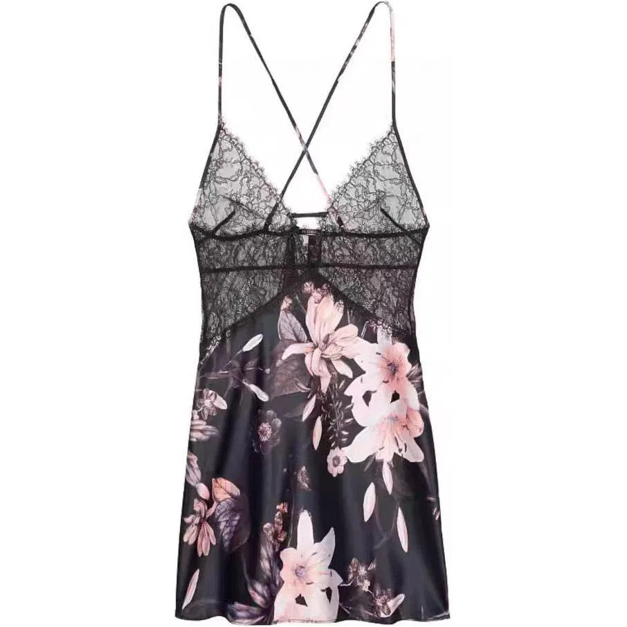 Женская ночная рубашка из сатина с V-образным вырезом и бретелями, Black Flowers/Black Floral, Chwork Satin Crossbackdeep V Shaped Suspender/BF Nightgown, Victoria's Secret