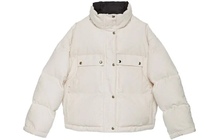 Женский пуховик с капюшоном из холста GG, Gucci, Ecru