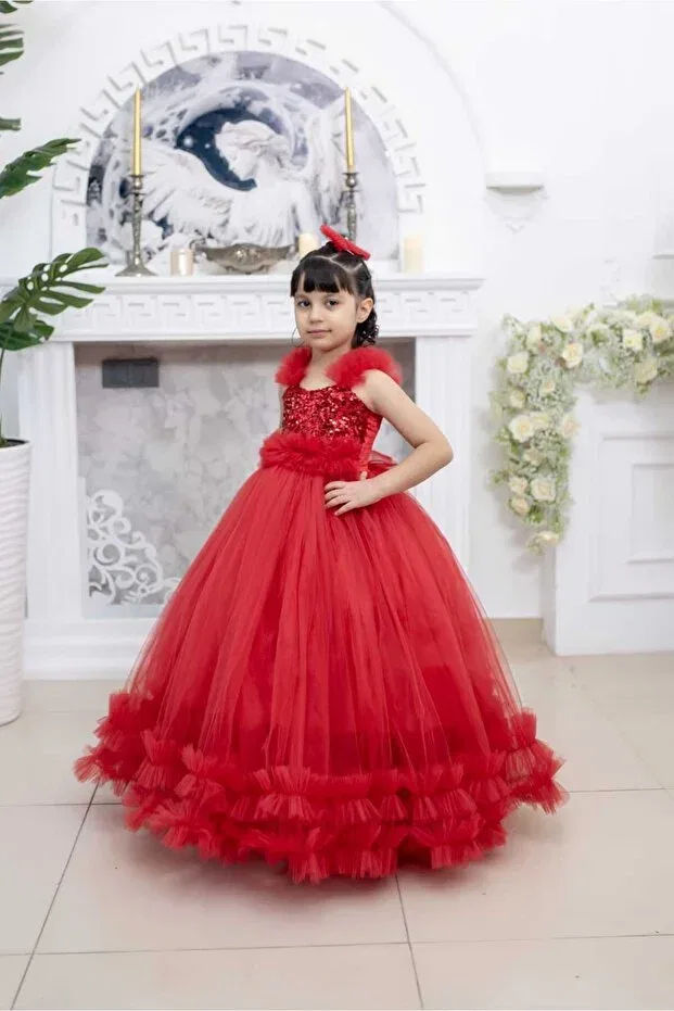 Детское платье для девочек с пайетками Red Tulle Children's Evening Dress Zde Dikim Evi, Red