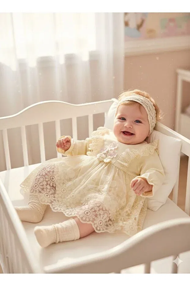 Детское платье для девочек с длинным рукавом комплект 2 шт Religious Ceremony Dress With Bandana And Lace Miniday Baby, Beige — фото 4