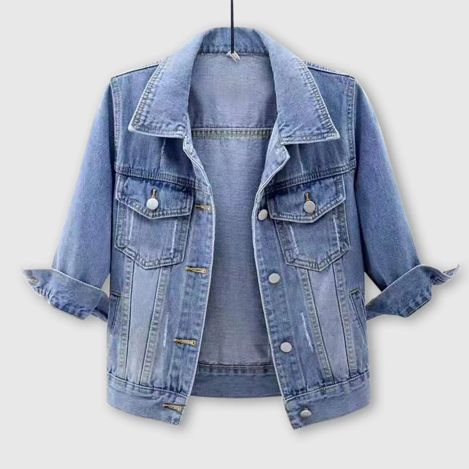 Женская джинсовая куртка с рукавом 3/4, с принтом, Colorful Lightweight Washed Denim Jacket, Bu2 — фото 4