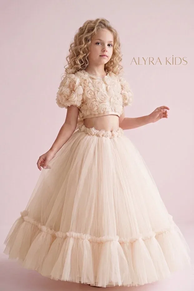 Детское платье для девочек с коротким рукавом Rose Tulle Princess Dress Alyra, Ecru — фото 4