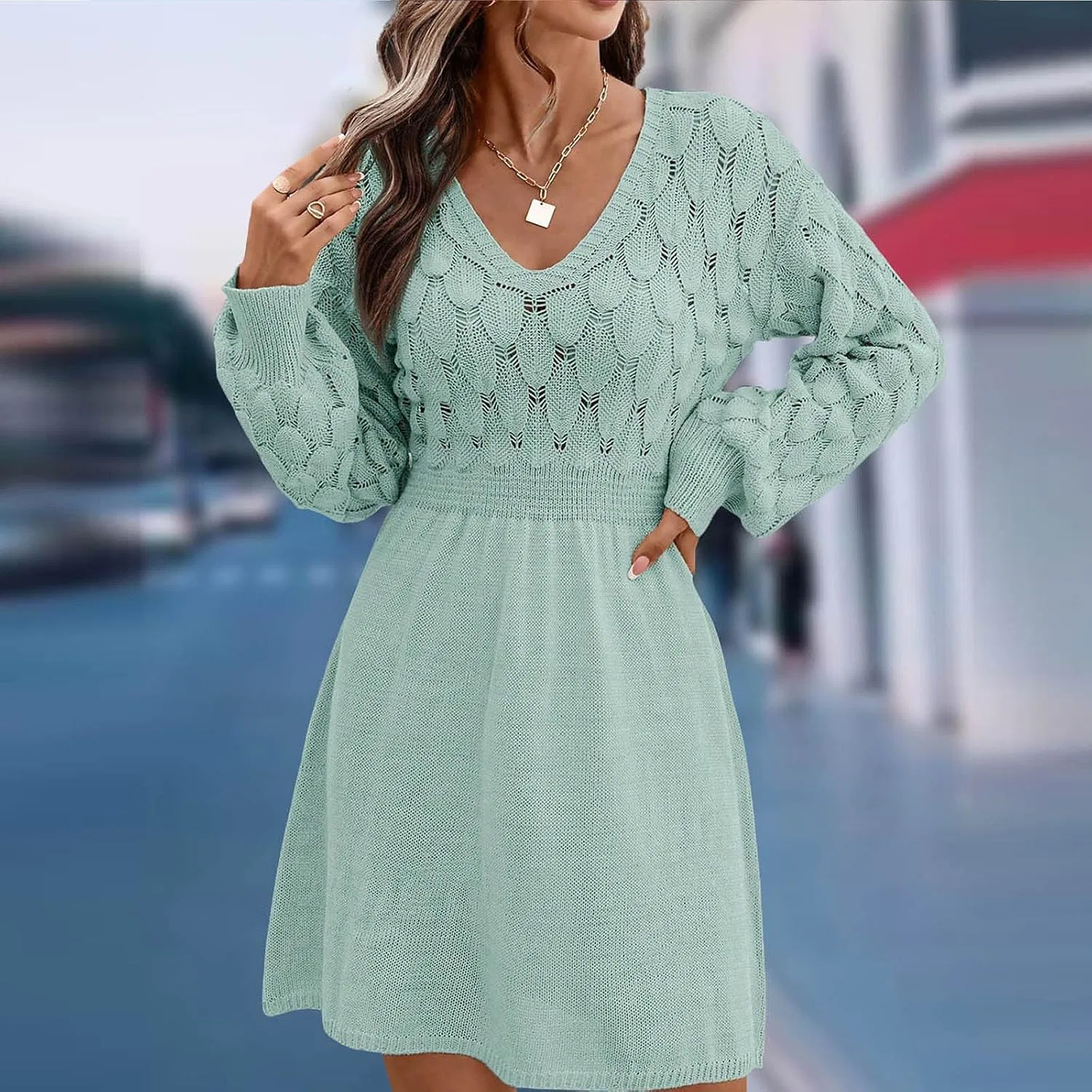 Женское платье с V-образным вырезом и высокой талией, Light Blue — фото 3