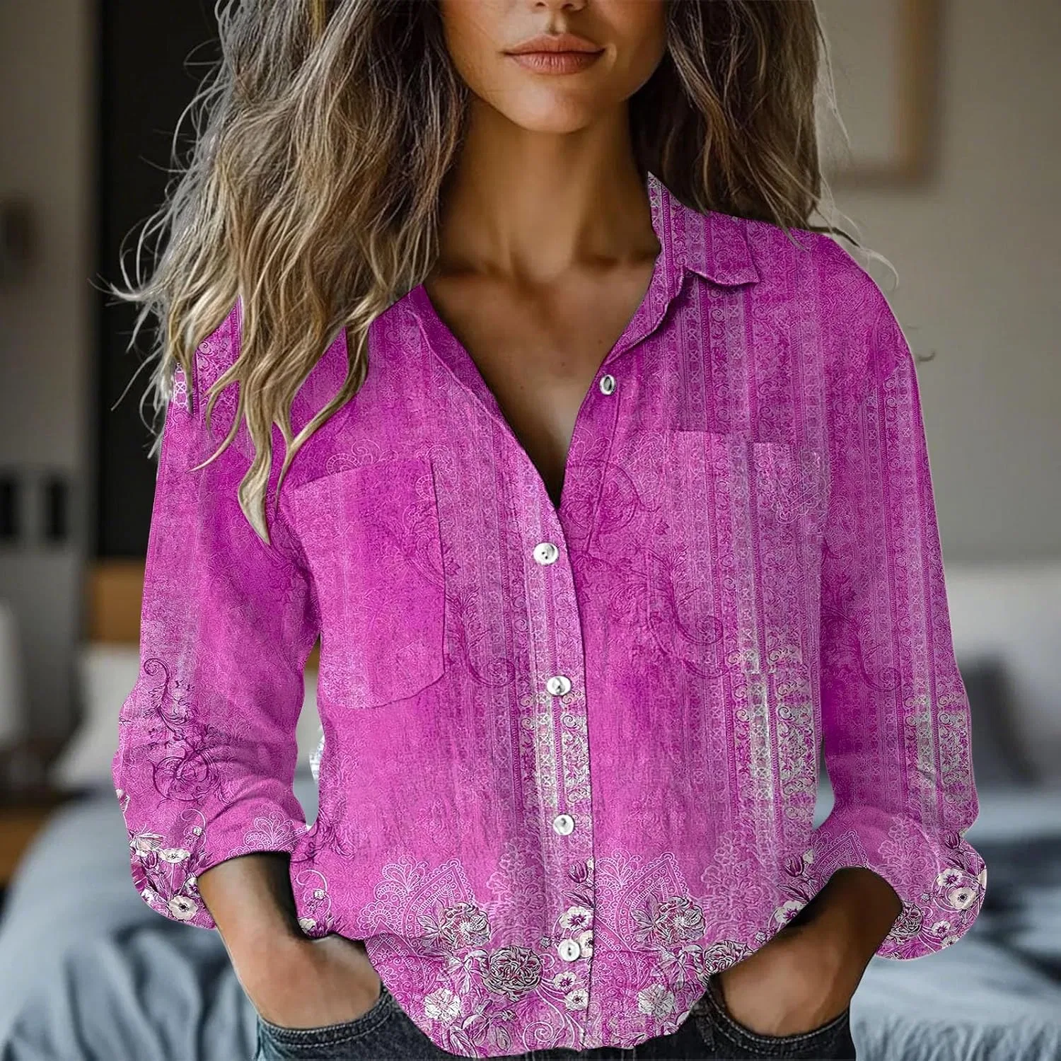 Блуза с принтом, длинный рукав Button Down, розовый — фото 4