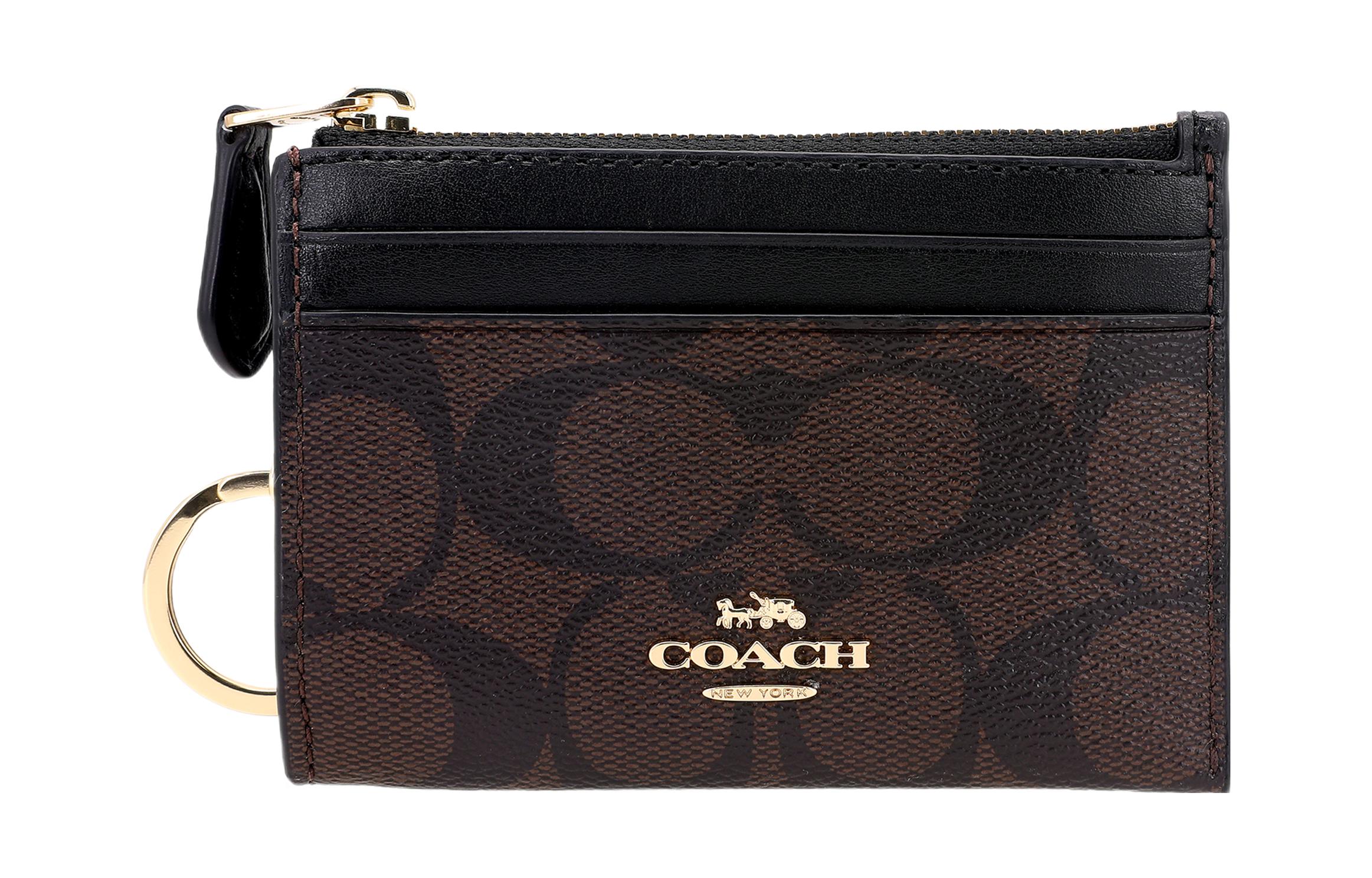 

COACH Миниатюрный брендовый кошелек для ключей и карт из текстирированной кожи с кожаным держателем для удостоверения в темно-коричневом цвете