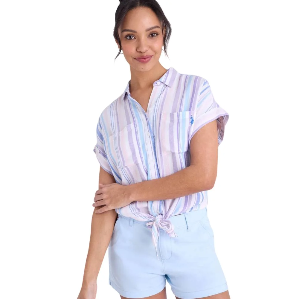 Женская рубашка U.S. Polo Assn. Tie Front Stripe Dolman, голубой/фиолетовый/розовый