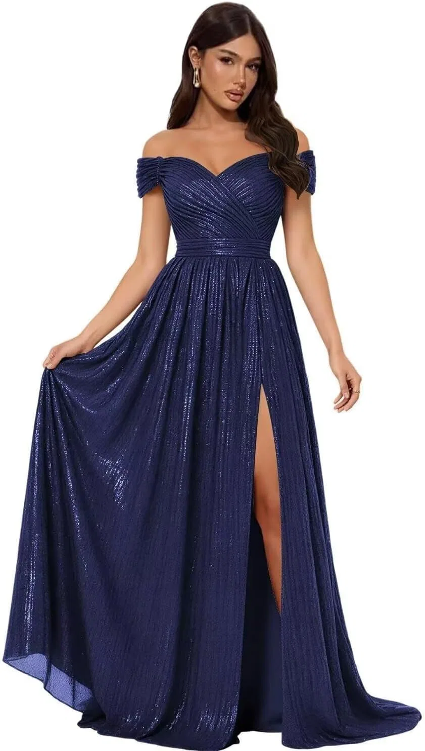 Женское блестящее вечернее платье с открытыми плечами YH168, Royal Blue