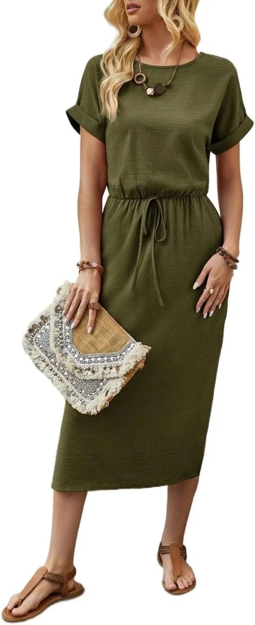 Женское летнее платье миди с узлом A-Line, Army Green