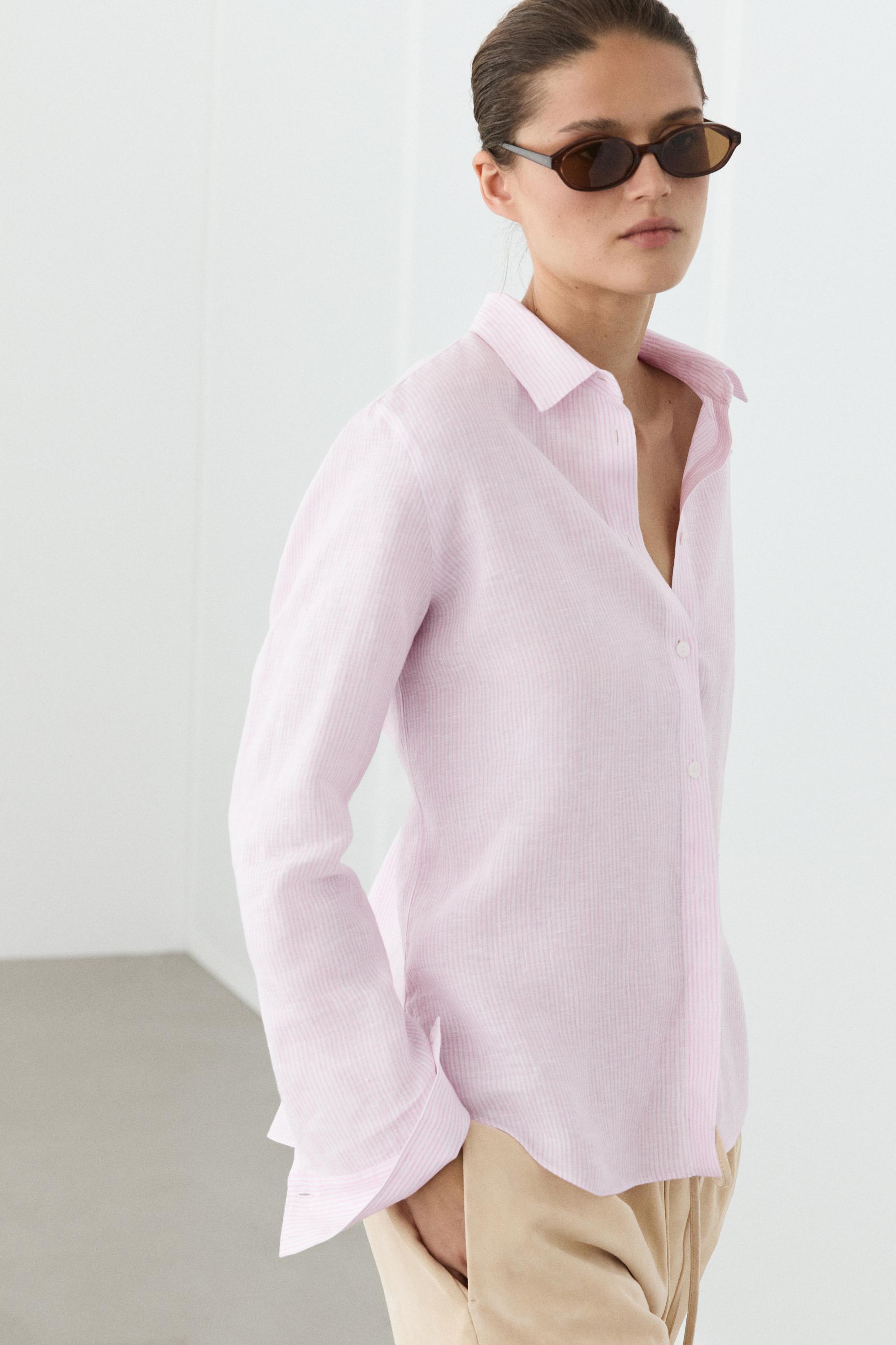 Рубашка Massimo Dutti 100% Linen With Striped Details, розовый — фото 3