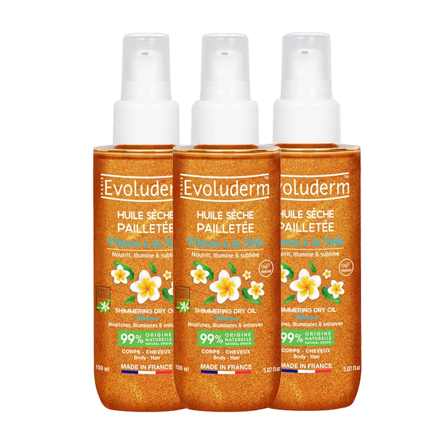 Сухое масло с блестками Evoluderm Monoï, 3 x 150 мл