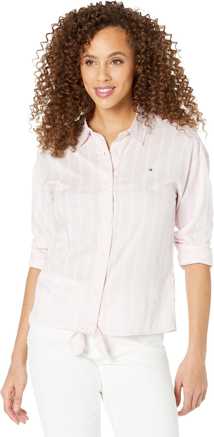 

Женская рубашка Tommy Hilfiger Adaptive Tie Hem Stripe Shirt с магнитной застежкой, Light Pink Optic White