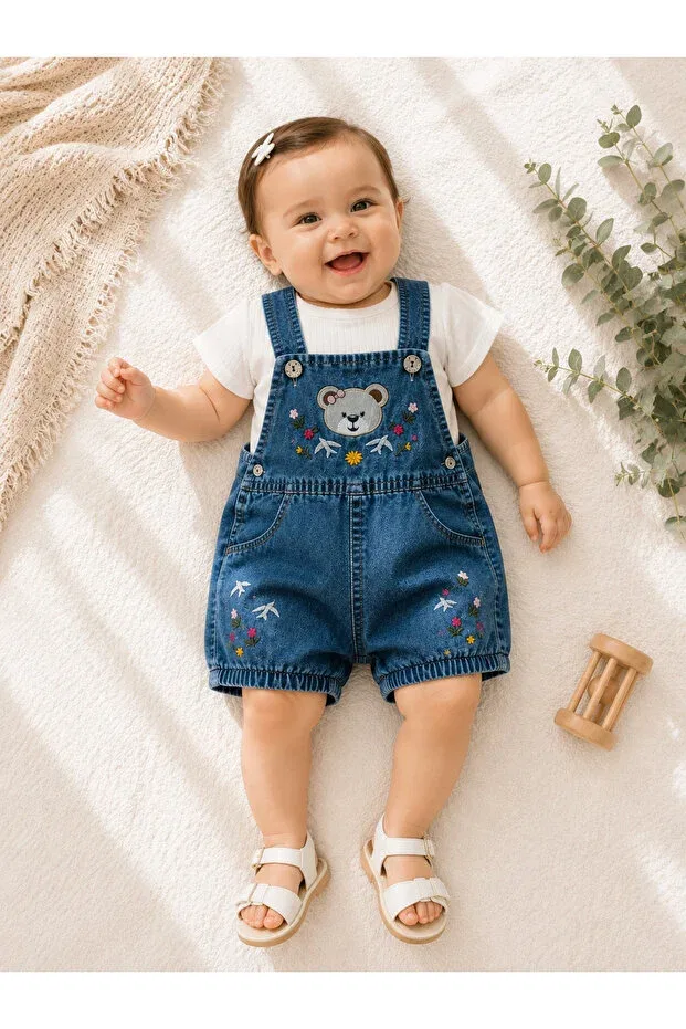Детский джинсовый полукомбинезон с вышивкой медведя Basics Maxi Idol, Denim Blue — фото 4