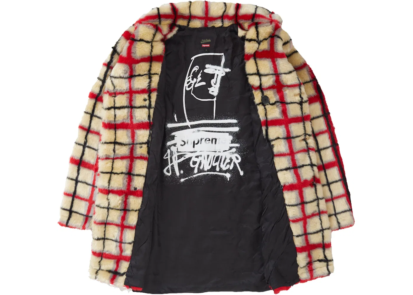 Мужское пальто с двубортной застежкой с принтом в клетку Faux Fur Coat Supreme, OffWhite — фото 2