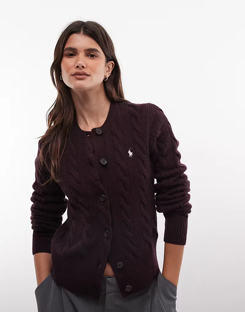Кардиган Polo Ralph Lauren с логотипом Icon, связанный косами, из шерсти, коричневый
