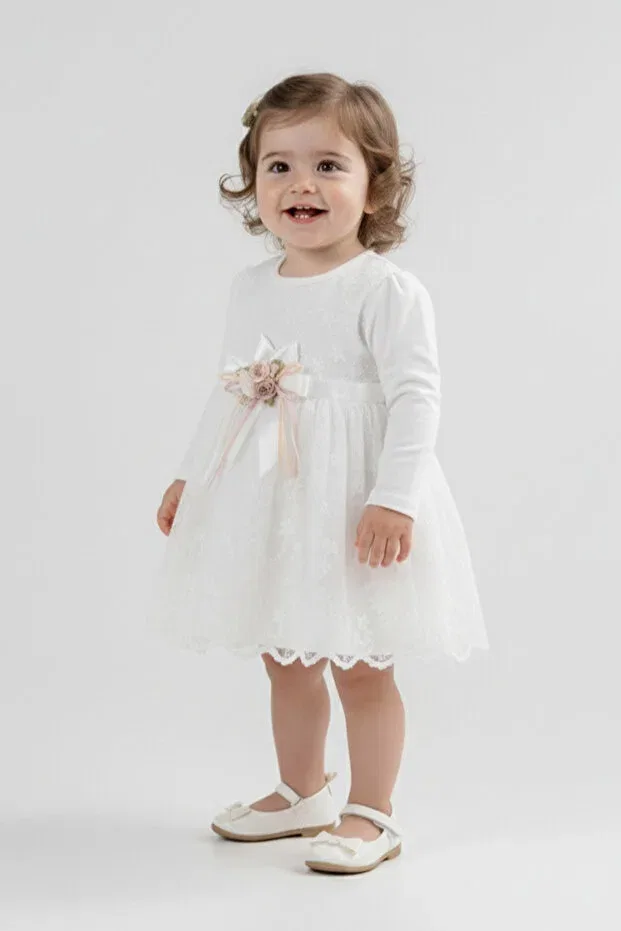 Детское платье для девочек кружевное с цветочным принтом Mnk Baby&Kids, Ecru — фото 3