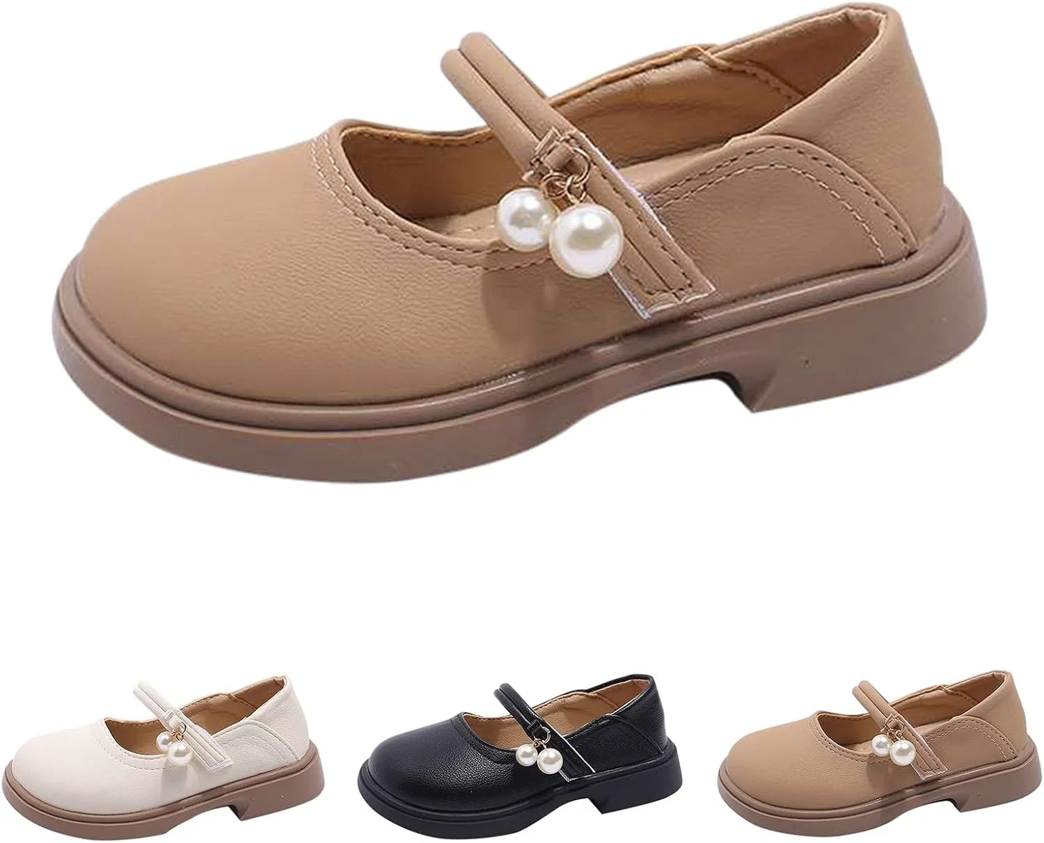Детские балетки для девочек с жемчужным ремешком Mary Jane Dress Shoes, Khaki — фото 4
