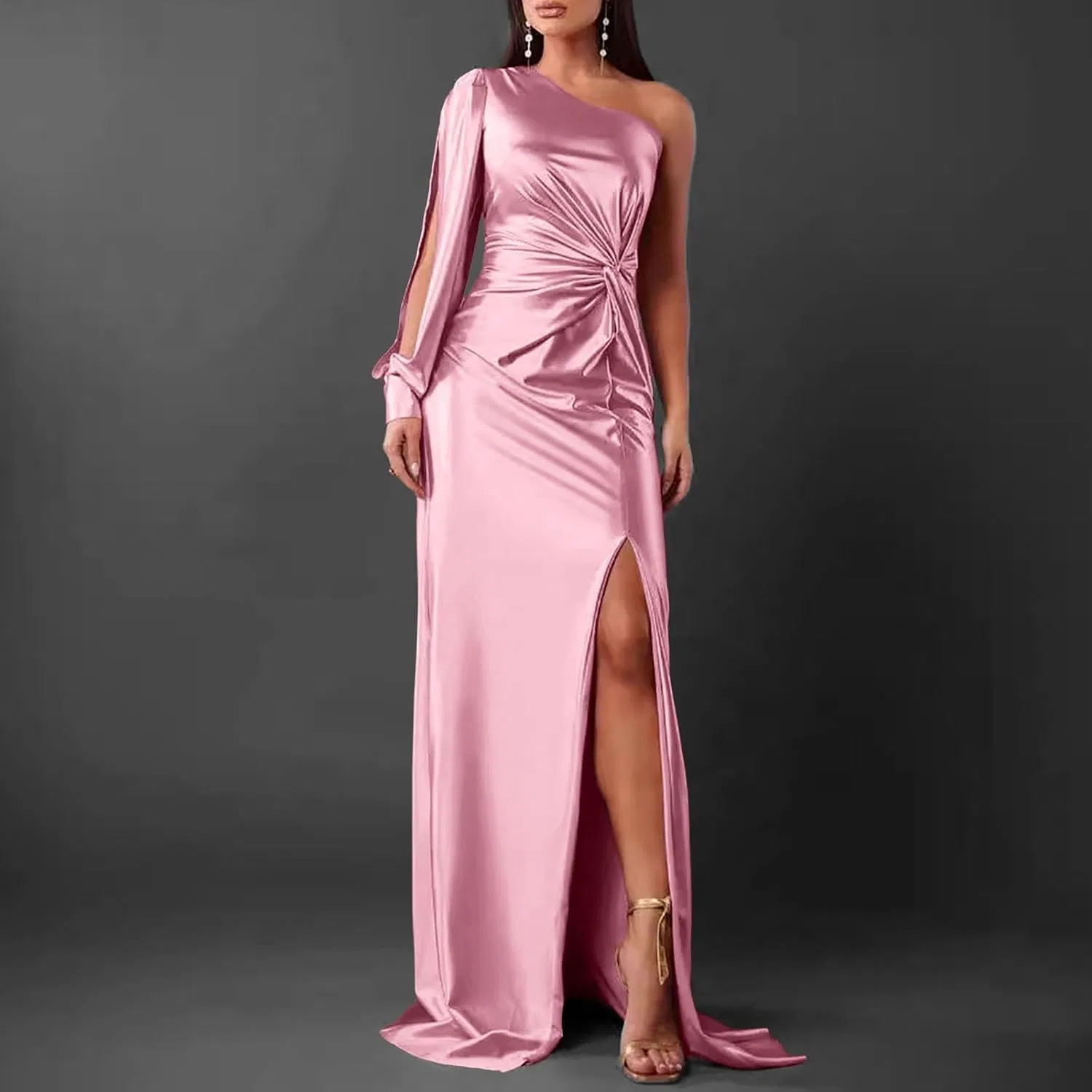 Женское вечернее платье макси с одним плечом и разрезом, Pink — фото 2