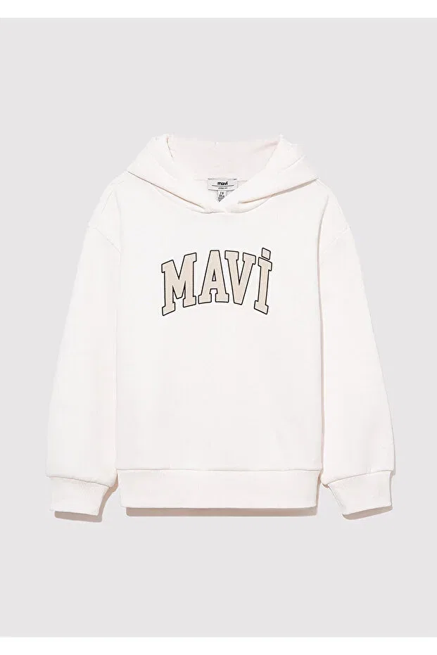 Детское худи для девочек с принтом Logo Printed Hooded White Sweatshirt Mavi, White-81964 — фото 2
