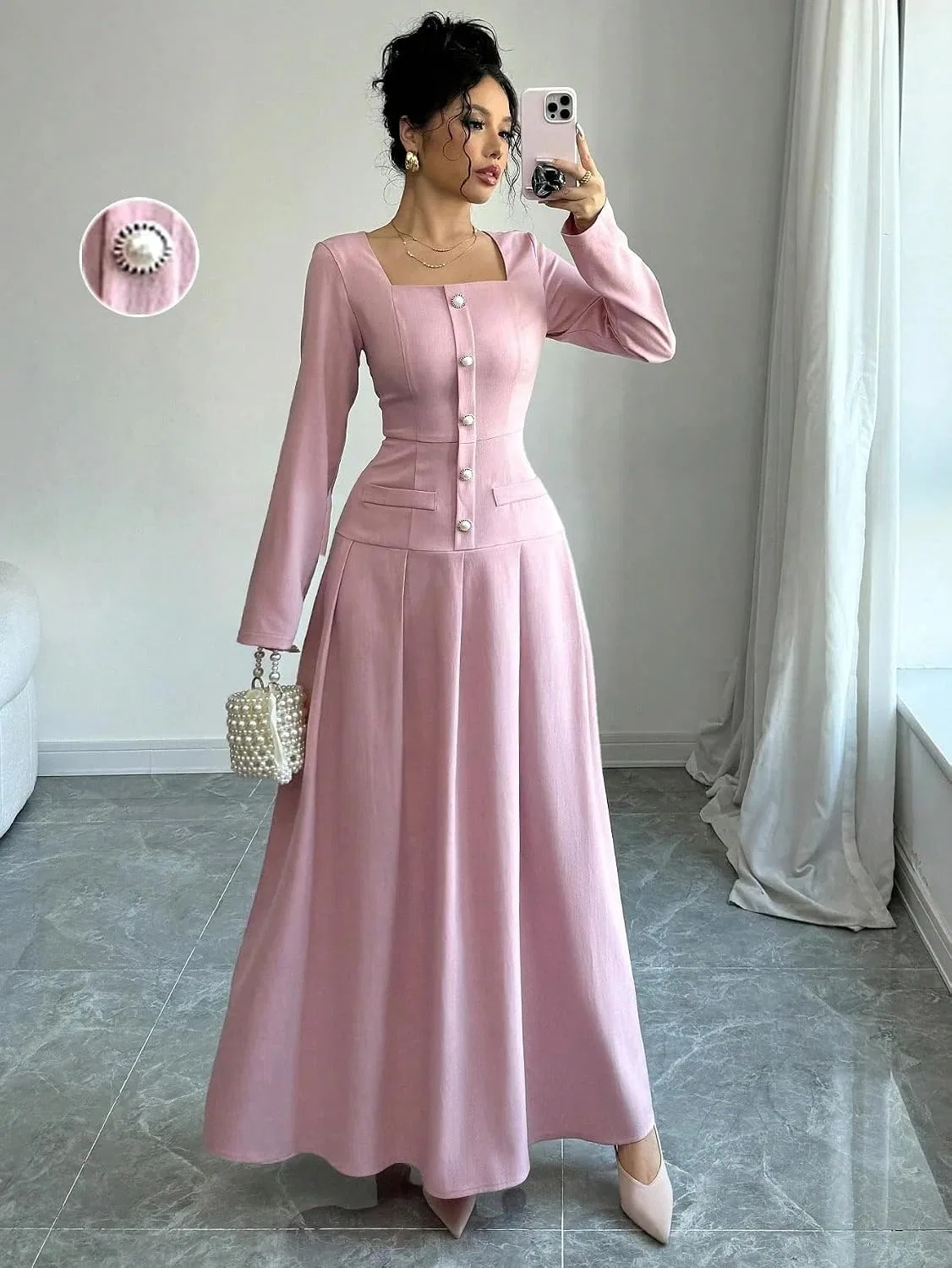 Женское длинное платье с квадратным вырезом, Pink — фото 2
