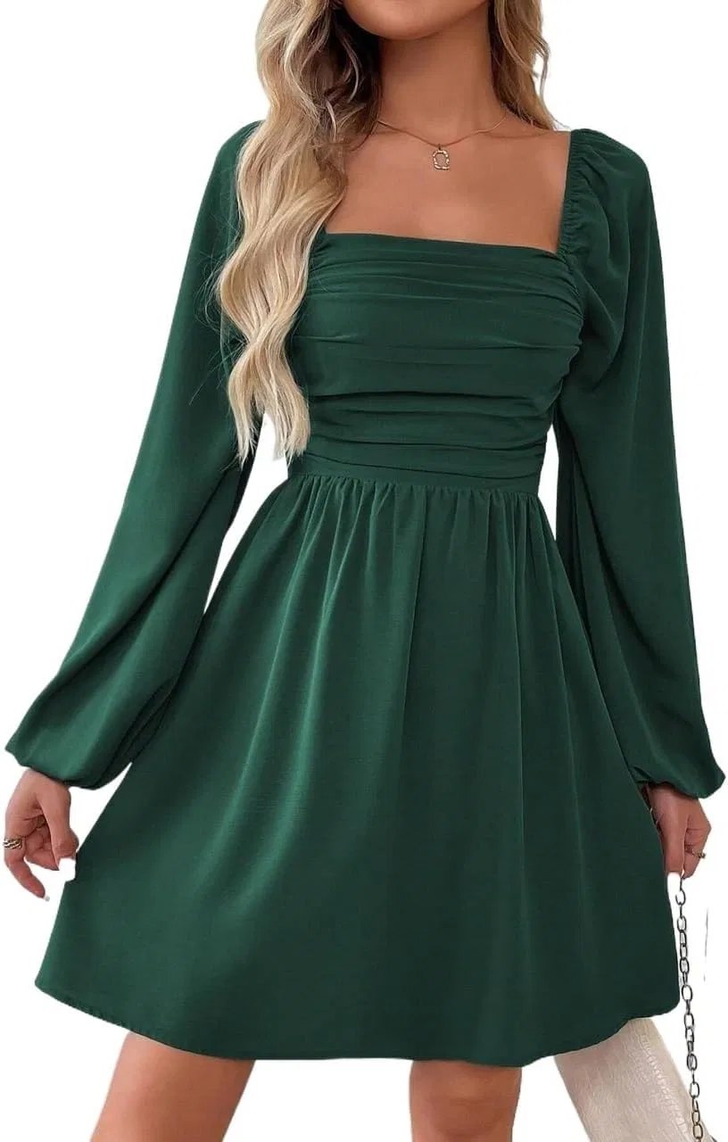 Женское мини-платье с квадратным вырезом и расклешением, Dark Green