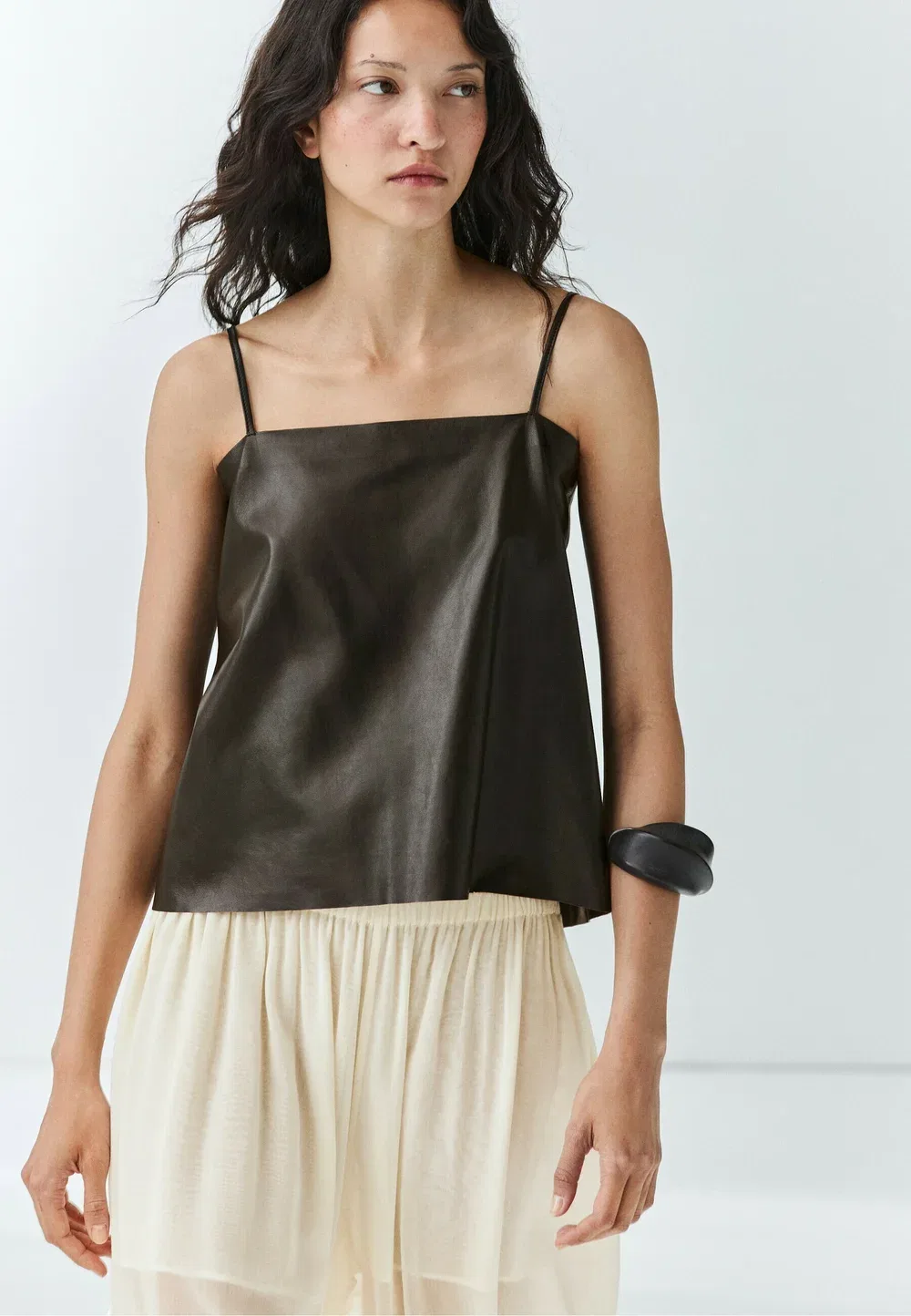 Топ из кожи наппа с бретелями и декоративной отделкой на спине Massimo Dutti, Dark Brown