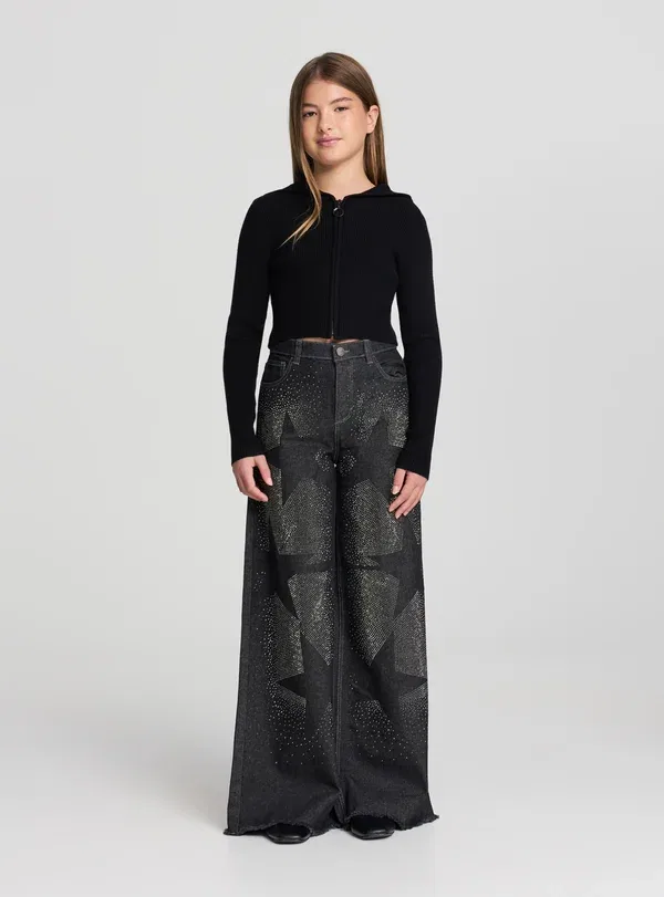 Джинсы с пайетками Wide con strass a stelle - relaxed fit jeans Terranova, grigio denim, серый