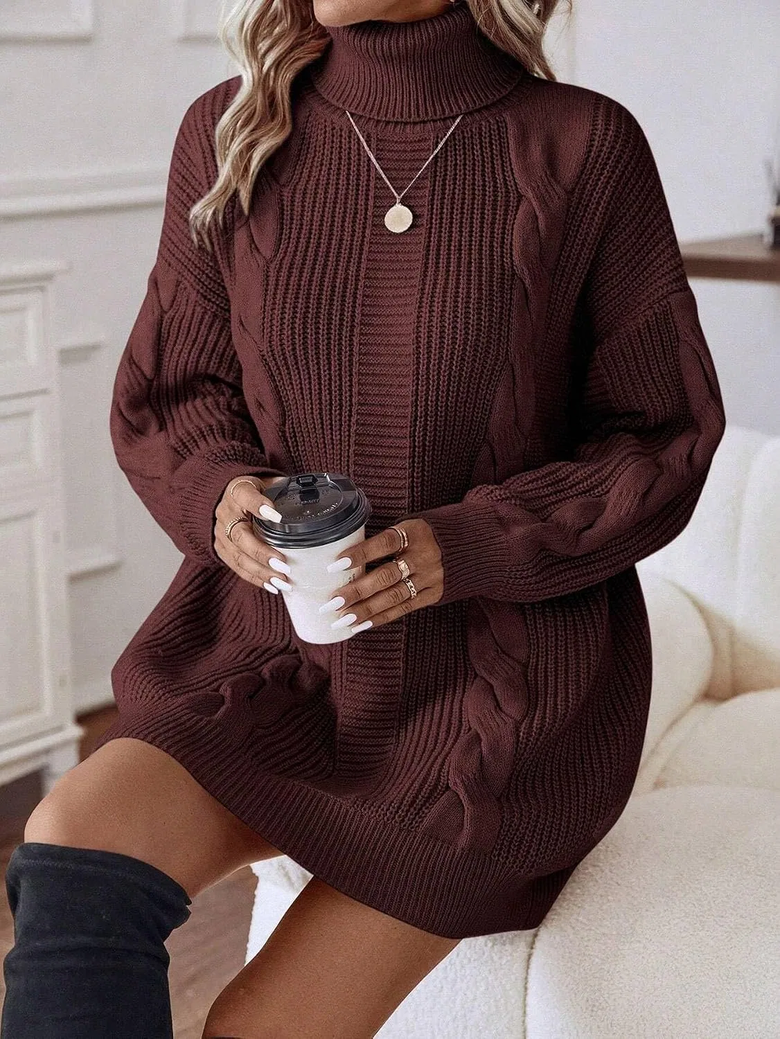 Женское повседневное платье с высоким воротом и косами, Coffee Brown — фото 3