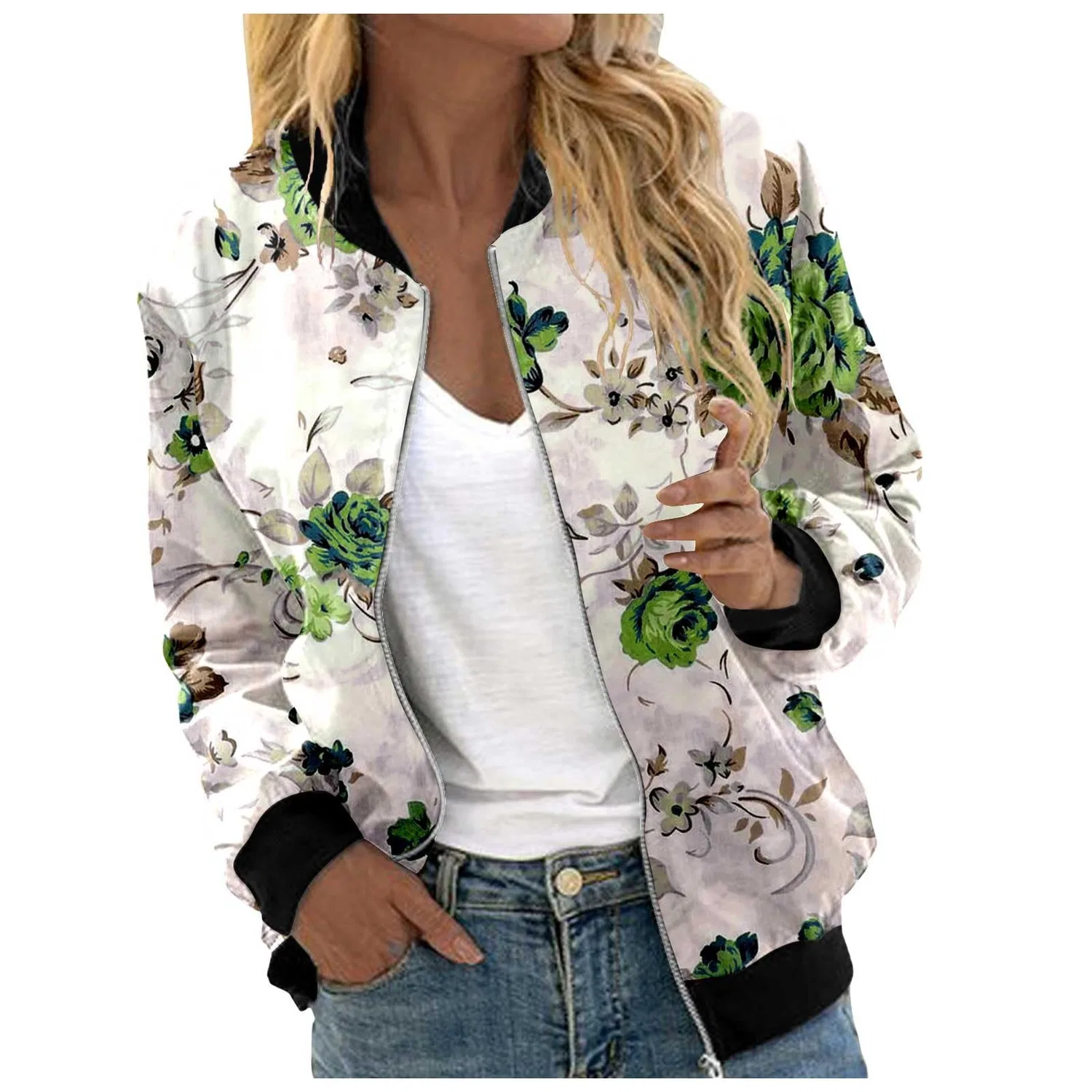 Женская куртка-бомбер с принтом, бренд не указан, Verde