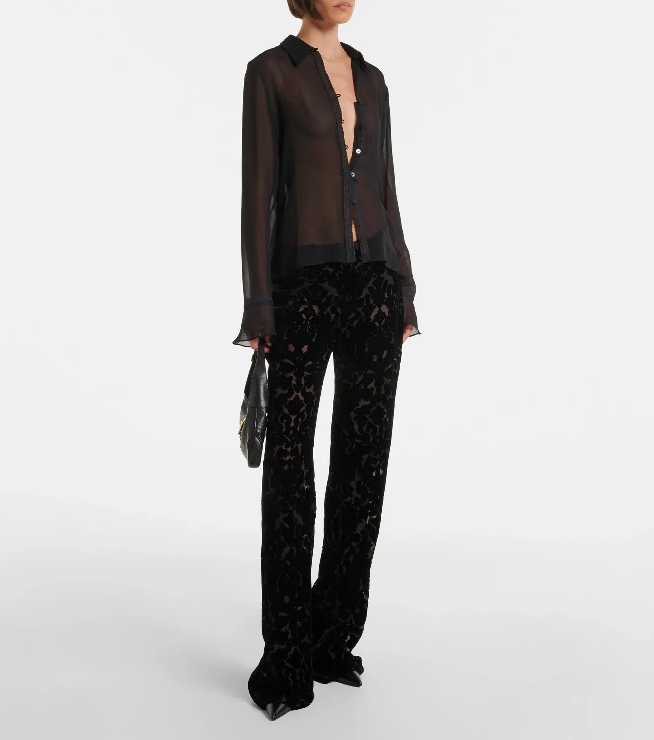 Велюровые брюки с широкими штанинами и цветочным узором деворе GUCCI, черный — фото 2