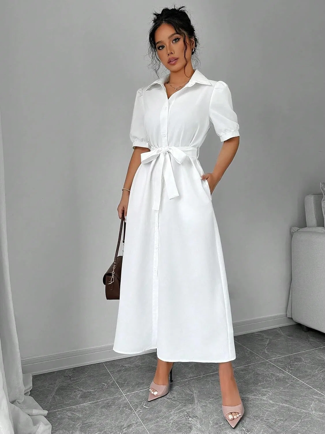 Женское платье А-силуэта с поясом, короткий рукав, White — фото 3