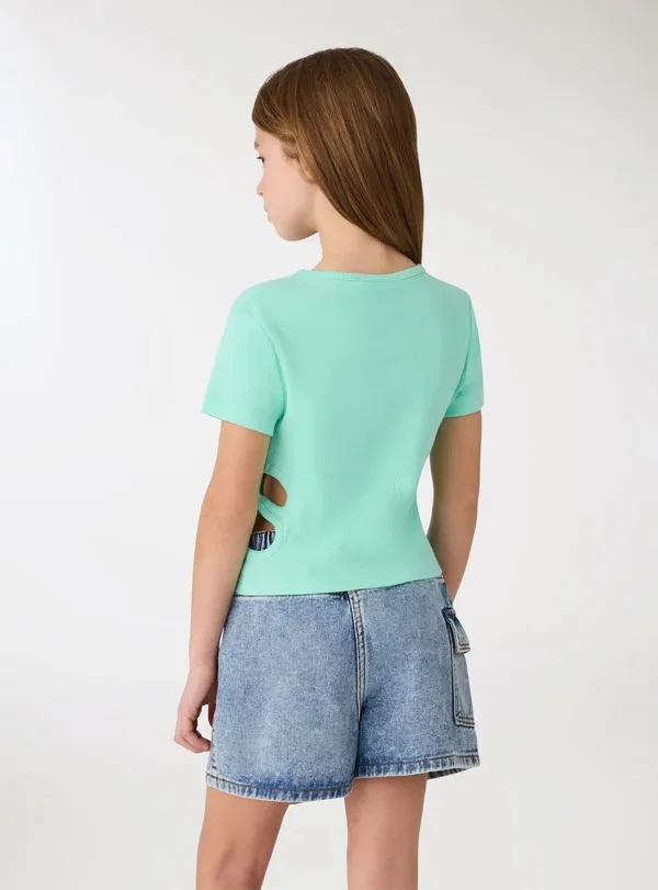 Футболка укороченная с вырезом, хлопок, Crop con cut-out - print t-shirt, Terranova, светло-зеленый водный — фото 3