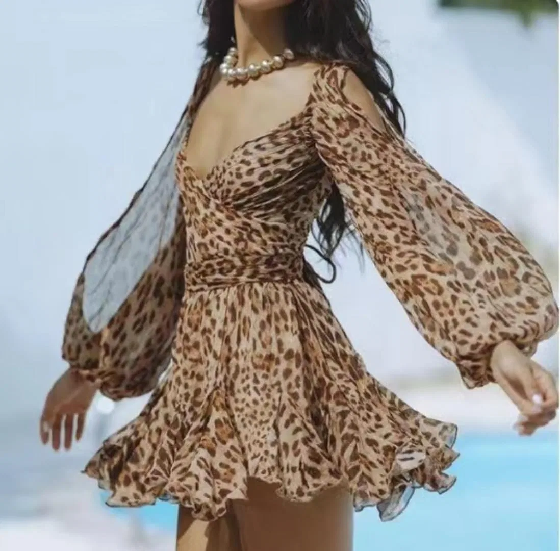 Женское короткое платье с воланами Off-Shoulder, Leopard — фото 2