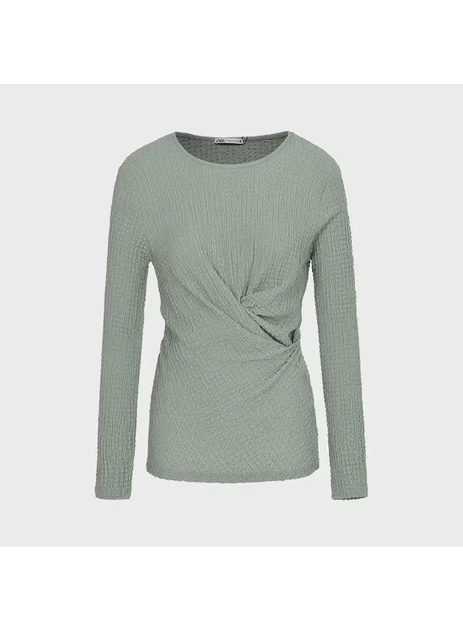 Лонгслив с длинным рукавом и плиссировкой Zara, зеленый — фото 2