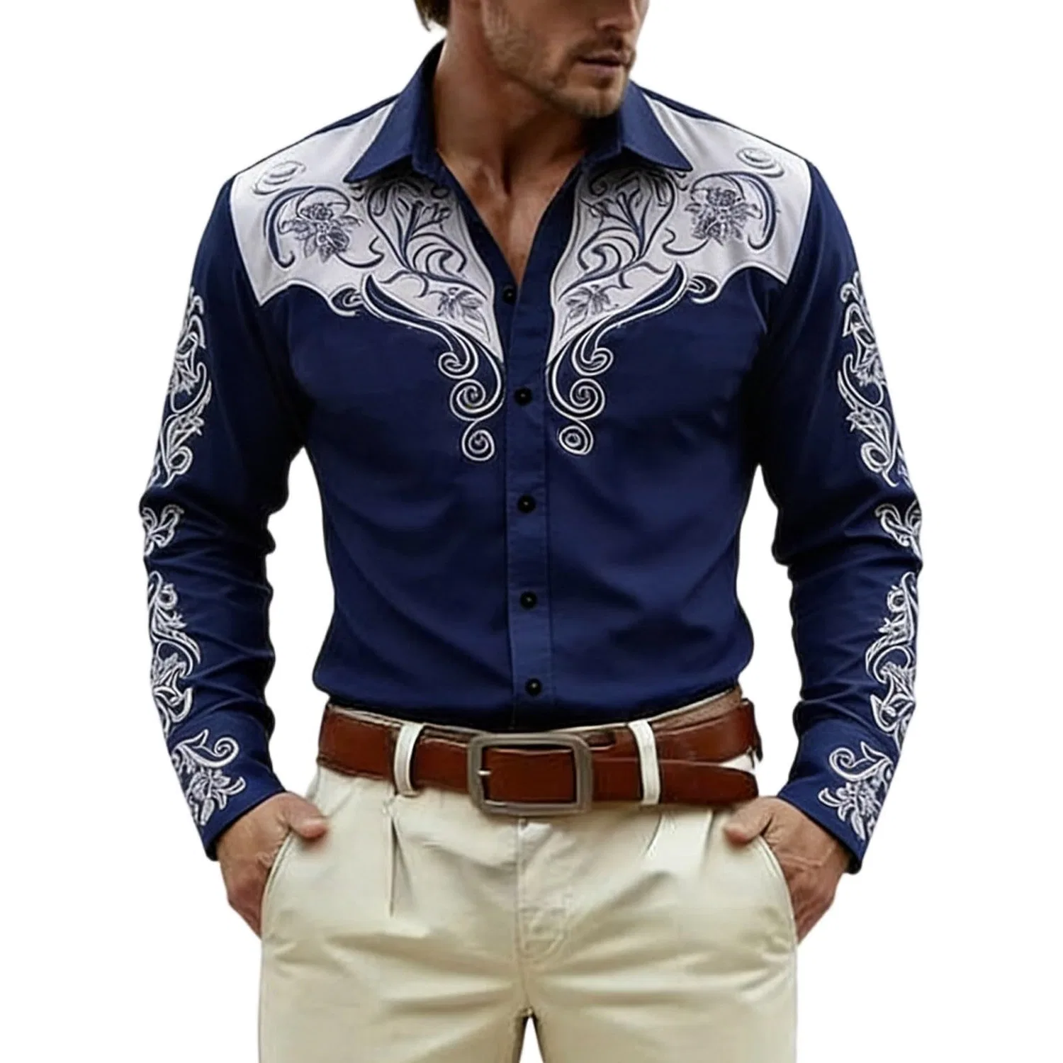 Мужская рубашка с длинным рукавом с вышивкой Western Shirt Cowboy Costume, #017-navy
