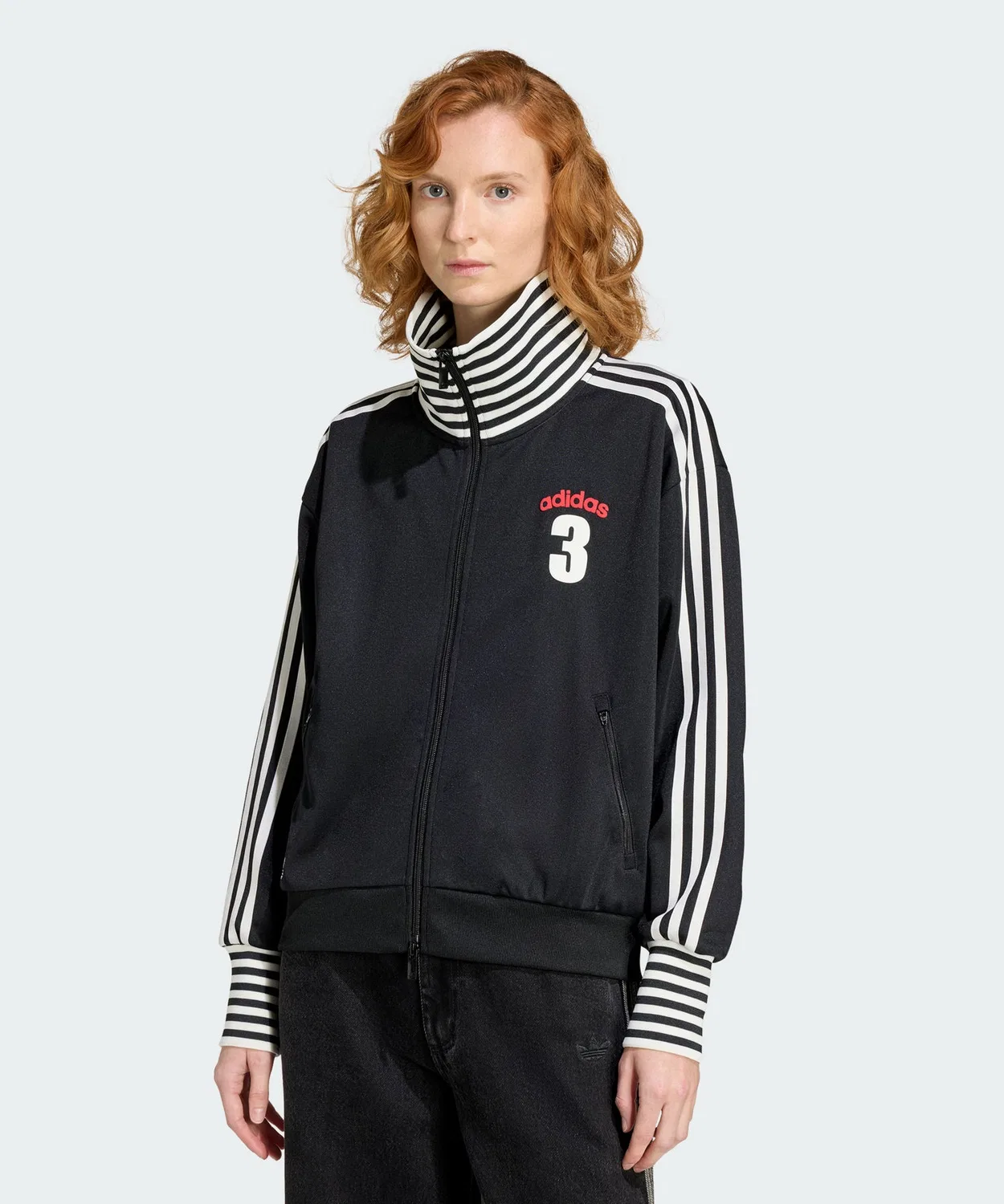 Женский джерси-топ с флисом и воротником-стойкой, модель Vintage BB TT Stripe Rib Adidas, Черный