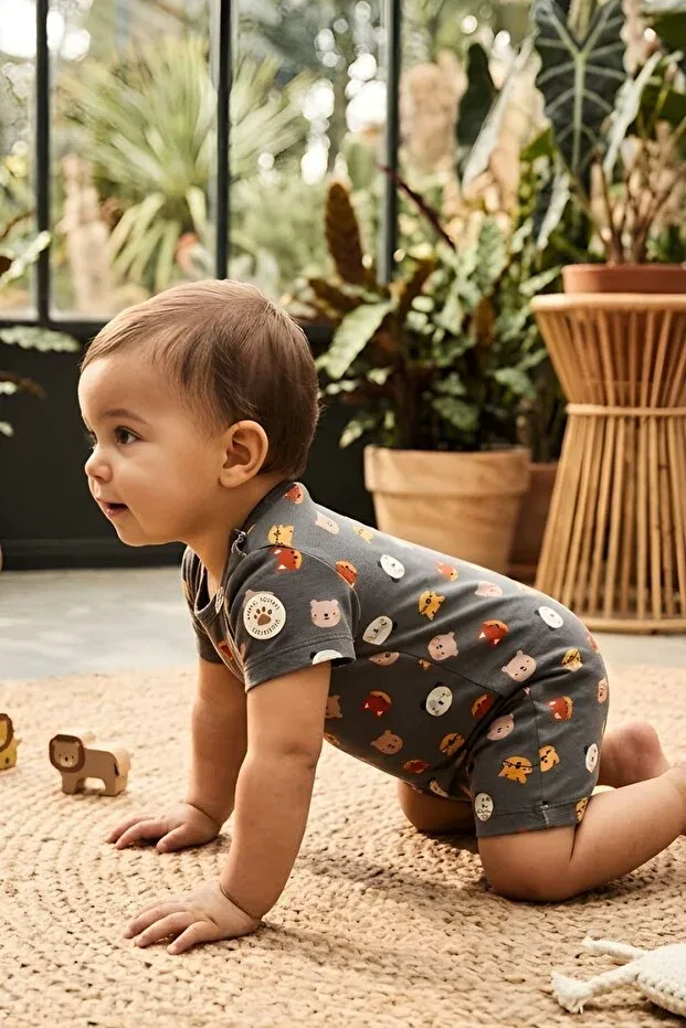 Детский комбинезон с коротким рукавом с принтом For My Baby, Anthracite - Animal Motifs — фото 2