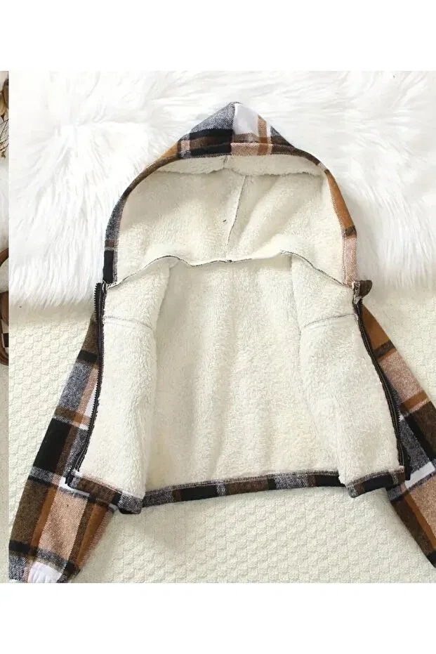 Детское пальто для девочек с принтом Unisex Zippered Plaid Plush Coat Shop, Orange — фото 3