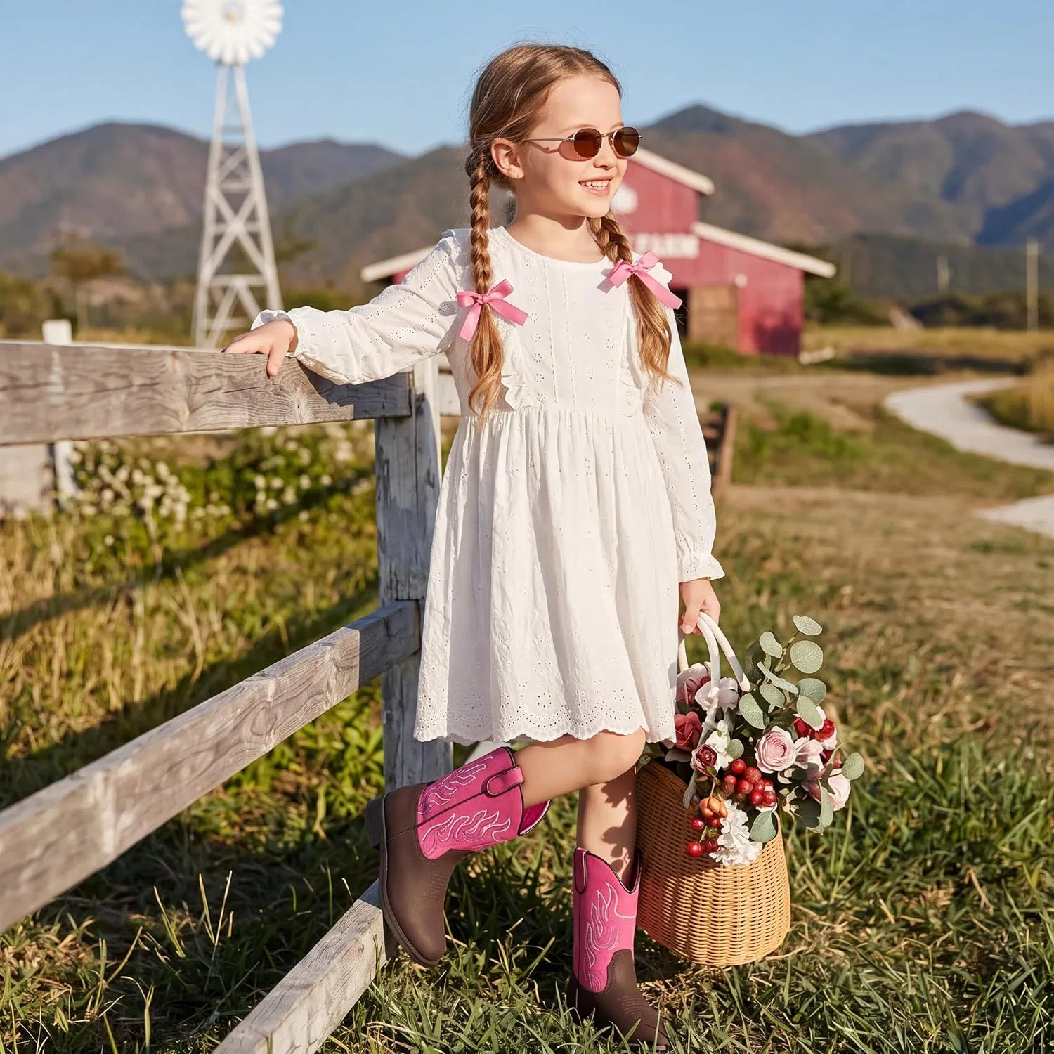 Детские сапоги для девочек с принтом Cowboy Boots PATPAT, Hot Pink/Brown — фото 2