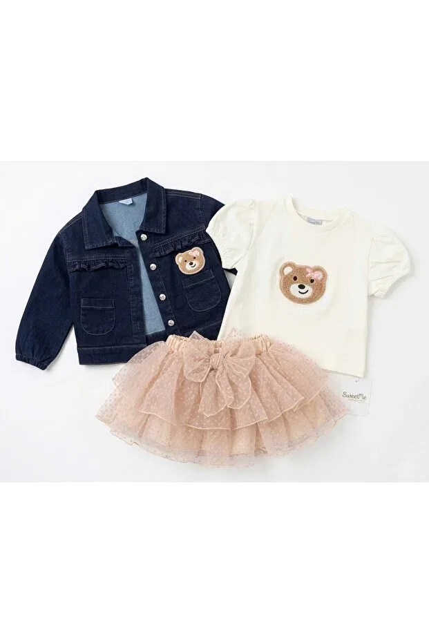 Детский комплект для новорожденных с принтом Tutu skirt, denim jacket, punch embroidered 3-piece set Sweetme, Powder