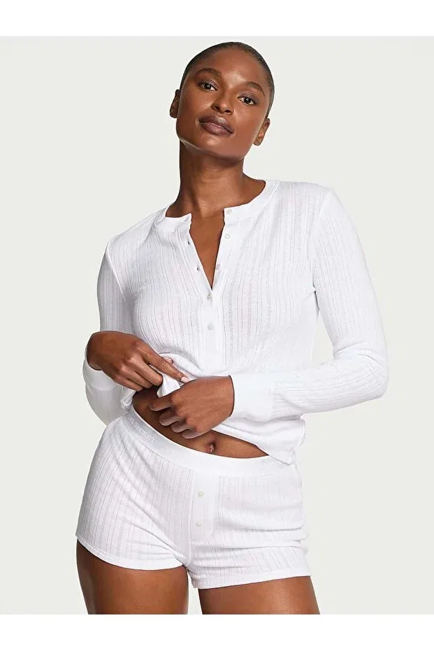Женский комплект пижамы с длинным рукавом Henley pointelle short shorts pajama set Victoria'S Secret, Vs White