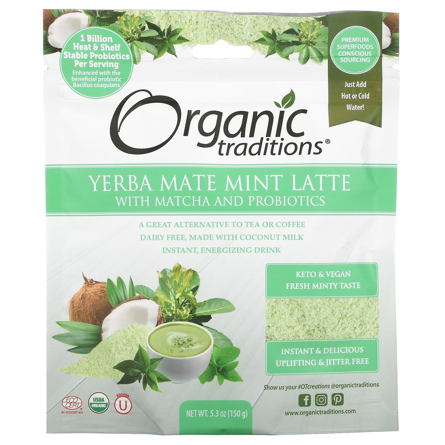 

Мятный Латте Organic Traditions Yerba Mate с матча и пробиотиками, 150 г