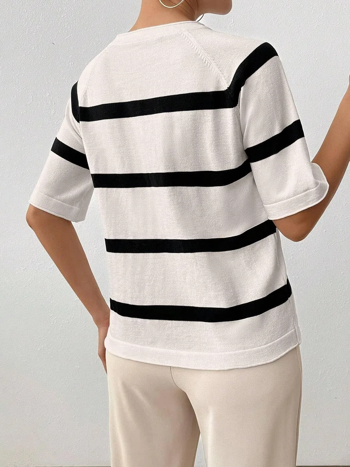 Женский свитер-пуловер с принтом, Casual Colorblock Striped Short Sleeve Knit Pullover Sweaters for Women, белый — фото 2