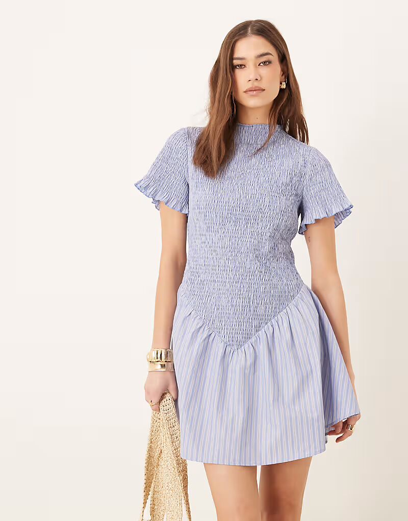 

Мини-платье ASOS DESIGN с присборенными рукавами в синюю полоску