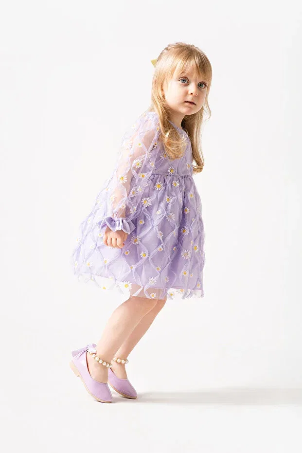 Детское платье для девочек хлопковое Alyssa baby girl kids cotton lined daisy printed fluffy tulle dress Banamio, Lila — фото 3