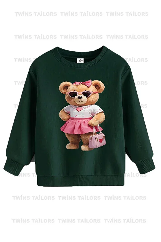 Детские свитшот для девочек с принтом Teddy Bear Printed Triple Crew Neck Twins Tailors, Green — фото 4
