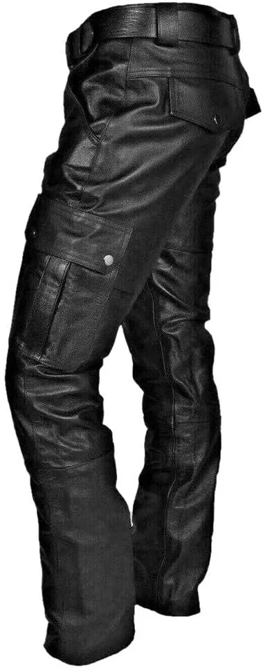 Мужские брюки из экокожи с зауженным кроем, Steampunk Hip Hop Motorcycle Trousers, чёрный — фото 2