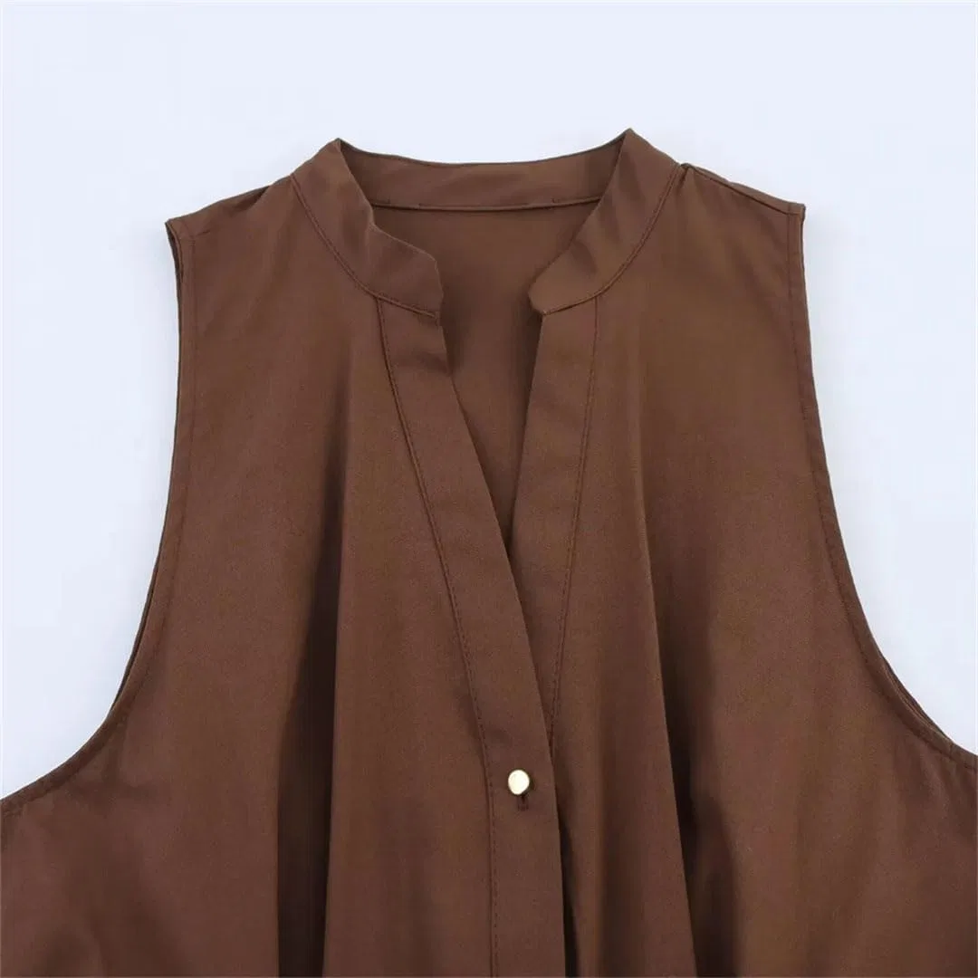 Женское летнее платье-макси с V-образным вырезом и поясом, Dark Brown — фото 4