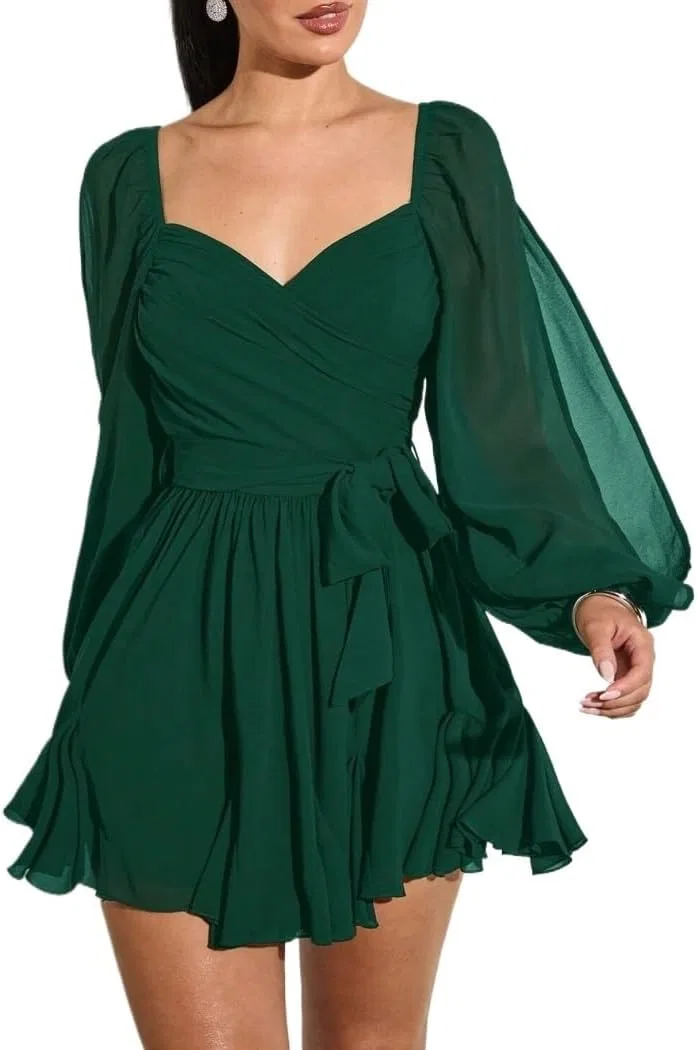 Женское повседневное платье-запах с бантом Womens Casual Wrap Mini Dress, Dark Green