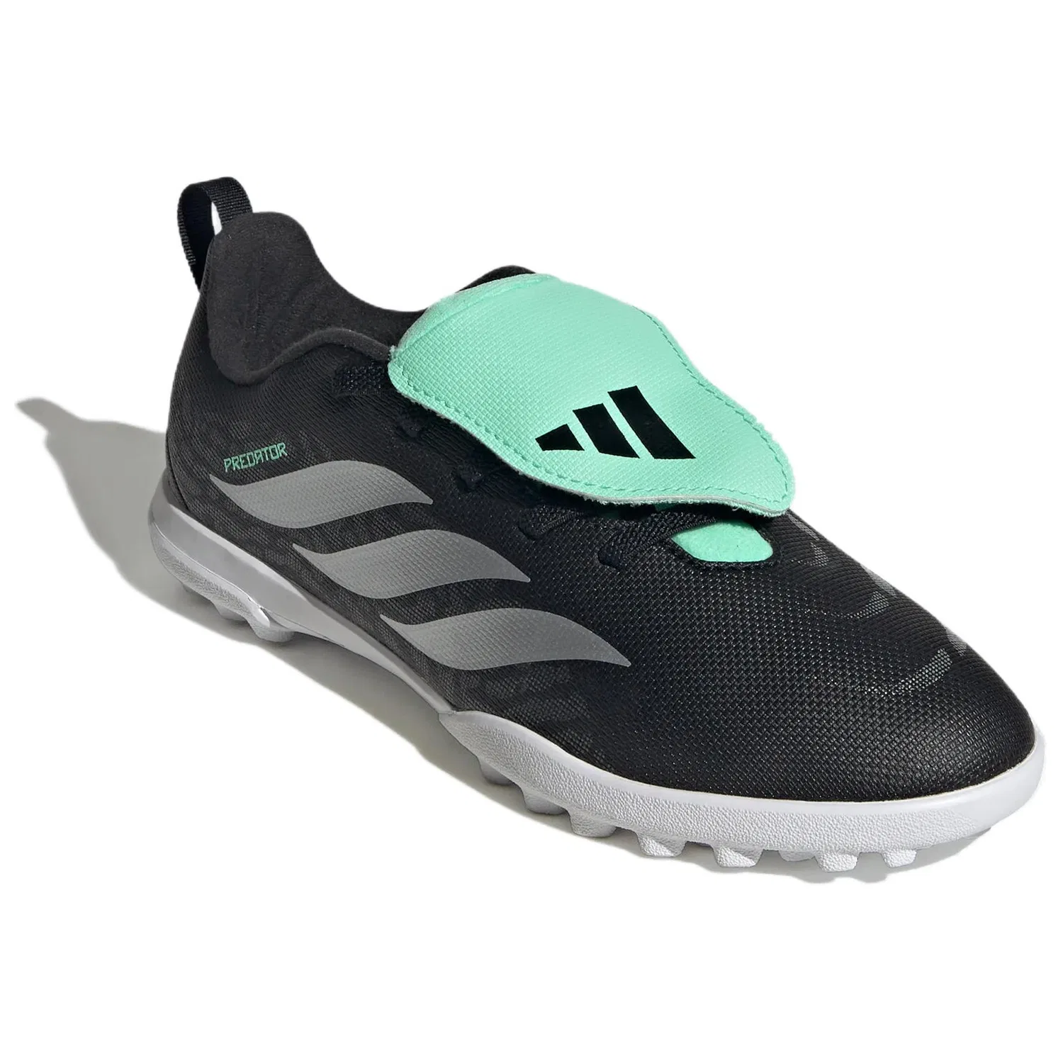 Детские футбольные бутсы с фиксированной шнуровкой Adidas Predator CLUB, Black/Metallic Silver/Mint — фото 4