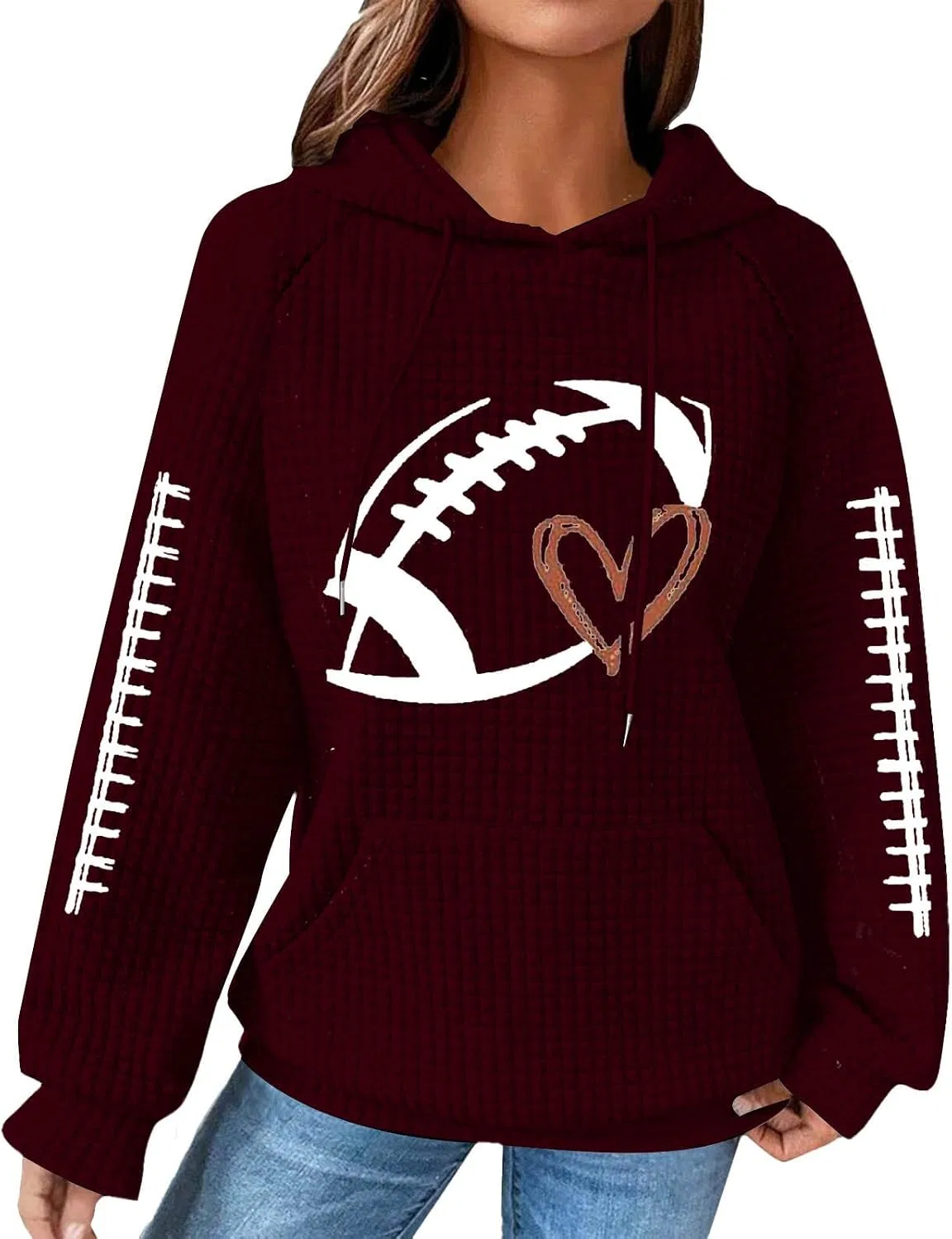 Женский свитшот с капюшоном, с принтом, Football Hooded, Wine-B
